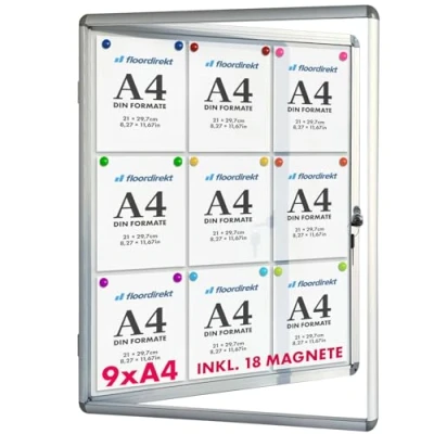 Immagine di Floodirekt Cassetta vetrina da parete, 9 x DIN A4, con cornice in alluminio e vetro acrilico, magneti, scatola di informazione parete posteriore scrivibile