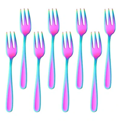 Immagine di BISDARUN forchettine da dolce arcobaleno colorate forchette dessert 8 pezzi acciaio inox Piccole aperitivo mini 13,6CM