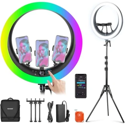 Immagine di NEEWER 19 LED RGB Ring Light+Stativo, 3 Portatelefono, Pannello Touch, Controllo 2,4G/App, 42W CRI97+ 2800lux/0,5m, Luce Professionale Dimmerabile 360 per Trucco Streaming Live e Chiamate Zoom,RP19C