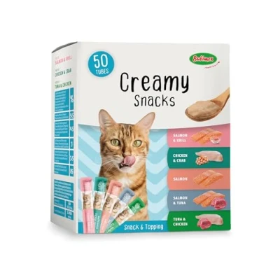Immagine di Bubimex Creamy Snacks Multipack Dolcetti Crema Leccare per Gatti Texture Liscia, Ontuosa e appetitosa Stimola l&#039;appetito favorisce l&#039;idratazione 50 x 15 g