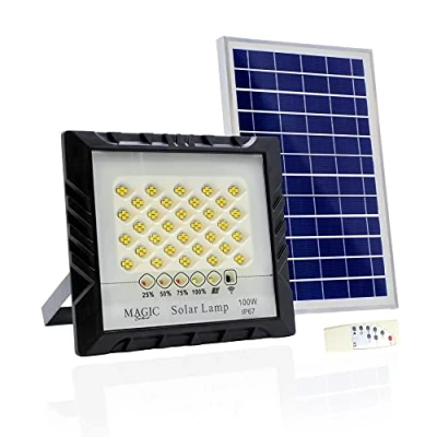 Immagine di Luce Solare da Externo 100W 128LED con Pannello Fotovoltaico, Telecomando e Sensore Avvio Automatico. Faretto LED IP67 bianca, Illuminazione per Patio, Giardino, Vialetto, Garage.