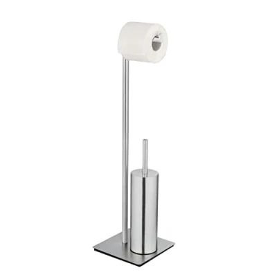 Immagine di WENKO Combinazione da Bagno Pavimento Recco, portascopino e Porta Carta igienica in Acciaio Inox Satinato su Base Pesante, incl. Spazzola per WC con Testa Silicone, 20 x 71,5 cm