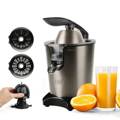 Immagine di Black+Decker BXCJ350E Spremiagrumi Elettrico con Leva 350W, Motore AC, Filtro Extra Regolatore della Polpa, 2 Coni di Dimensioni Diverse, Contenitore da 650 ml, Nero Grigio