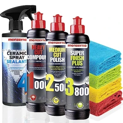 Immagine di Menzerna Set di lucidatura per auto: Heavy Cut Compound 1000 + Medium Polish 2500 Super Finish Plus 3800, 250 ml Ceramic Spray Sealant Protection 0,5 l 4 x panno in microfibra 40