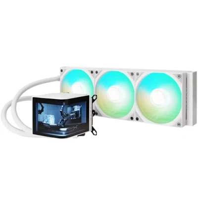 Immagine di TRYX Panorama 360 ARGB Bianco mm AIO 6,5&quot; AMOLED Display curvo con effetto anamorfo 3D Refrigeratore personalizzabile Asetek 8. Gen 320W TDP Ventola Intel LGA 1851/1700/1200/115X