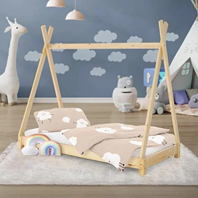 Immagine di ML Design Lettino per Bambini a Forma di Tenda Indiana con Rete Doghe 70 x 140 cm Letto Tipi da Gioco in Legno Pino Massiccio Naturale Stile Montessori Materasso Sfoderabile Schiuma Fredda