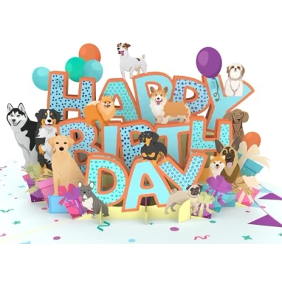 Immagine di MOKIO® Biglietto Compleanno Pop Up Happy Birthday cani regalo 3D con motivo di per un compleanno, come buono o regali in denaro, auguri cane
