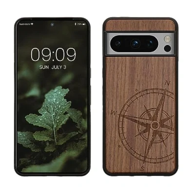 Immagine di kwmobile Custodia Compatibile con Google Pixel 8 Pro Cover Back Case in Legno Bumper Silicone TPU Bussola vintage marrone scuro