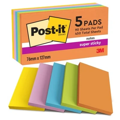 Immagine di Post it Foglietti Super Sticky, Collezione Boost, Confezione da 5 blocchetti, 90 Fogli/blocco, 76 mm x 127 mm, Colori Arancione, Verde, Rosa, Giallo, Azzurro. Per Appunti, Elenchi &amp; Promemoria
