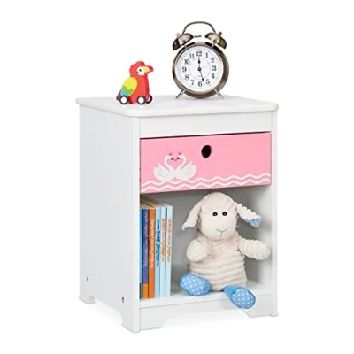 Immagine di Relaxdays Comodino da Letto per Bambini, con Cassetto e Scomparto, HLP 41x32x31 cm, Cameretta Bimbi, in MDF, Bianco Rosa