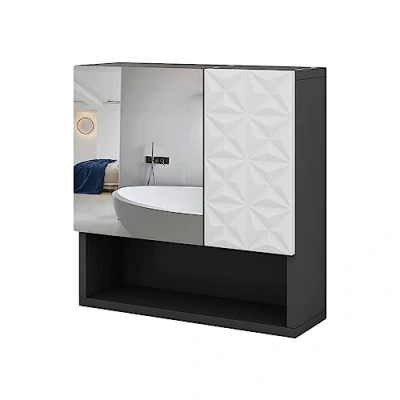 Immagine di Vicco specchio contenitore bagno Edge, Nero/Bianco, 54 x 55 cm con anta e vani a giorno
