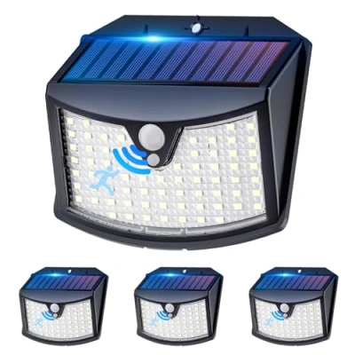 Immagine di Luce Solare LED Esterno, 3 Modos IP65 Impermeabile Faretto da Esterno con Sensore di Movimento, Lampada per Giardino, Parete, Garage (4 Pezzi Bianco Freddo)