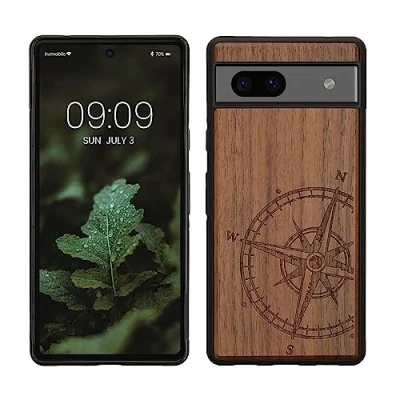 Immagine di kwmobile Custodia Compatibile con Google Pixel 7a Cover Back Case in Legno Bumper Silicone TPU Bussola vintage marrone scuro
