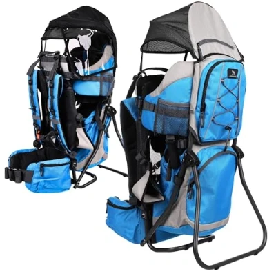 Immagine di DROMADER Zaino Porta Bambino Montagna Trekking fino a 22 kg Comodo Bimbo con Tasca Isolante, Parapioggia e Parasole Blu