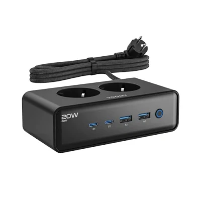 Immagine di VOOMY Ciabatta Multipresa con 20W USB C Carica Rapida, Presa Multipla Salvaspazio 2 Spina AC, (2 &amp; A), Elettrica Interruttore e Cavo da 2m