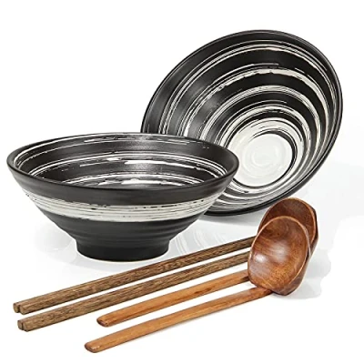 Immagine di Ciotola Ramen Giapponesi, 1000 Ml Zuppa Ciotole Ceramica Scodelle Combinazione with Legno Bacchette Cucchiaio 2 Set, For Insalata Cereali Pasta Frutta Noodle Riso Snack Udon (C)