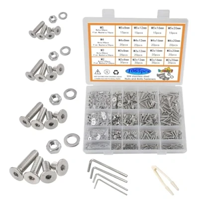 Immagine di huruirui M2 M3 M4 M5 Dadi e Bulloni Rondelle Set Assortito,1065pcs Hex Socket Cap Vite 304 in acciaio inossidabile Kit, Filettatrice Bolt Fastener Repair Tools Assortiment