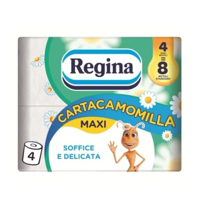 Immagine di Regina Cartacamomilla 4 Rotoli di Carta Igienica, 300 Soffici Fogli a 3 Veli, Delicata e Consistente, Profumo Camomilla, Confezione in Riciclabile, 100% Certificata FSC