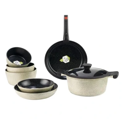Immagine di LAGUIOLE, Set cucina 9 pezzi, modello Jade, alluminio con rivestimento ceramico antiaderente, manico removibile, compatibile tutte le fonti di calore, impilabile, 28 cm, Verde