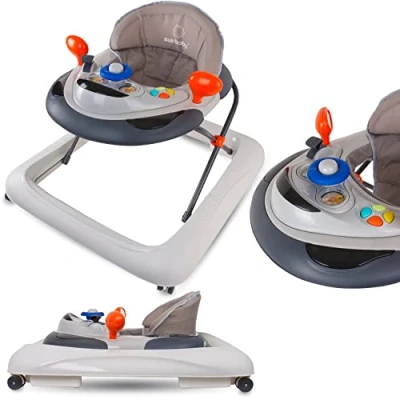 Immagine di Sun Baby Girello per Bambini, Primi Passi con pulsanti, volante, specchietti, ruote in gomma, regolabile altezza (Grigio)