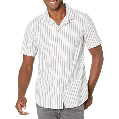 Immagine di Amazon Essentials Camicia da Vacanza dalla vestibilità Aderente Uomo, Rosa Foglia di tè Righe Verticali, XL