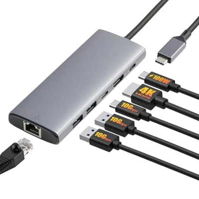 Immagine di Amazon Basics 6 in 1 USB 3.1 Hub, (1 C 100W PD Input, 2 A, C, HDMI 4K, Ethernet), Grigio Chiaro, 11.94 x 4.6 1.5cm