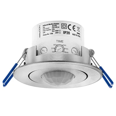Immagine di deleyCON 1x Infrarossi Rilevatore di Movimento a Soffitto All&#039;interno Portata 8m 360 Luminosità Ambientale Regolabile IP20 da Incasso Alluminio