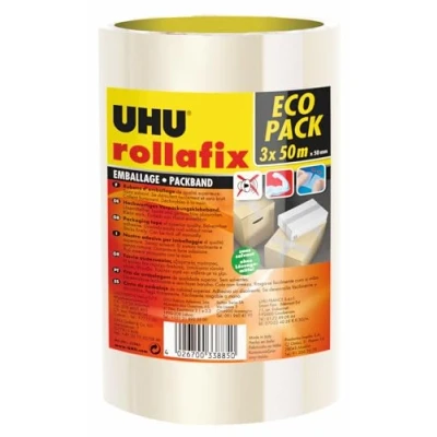 Immagine di UHU Nastro adesivo da imballaggio di alta qualità Rollafix Classic trasparente, 3 x 50 m