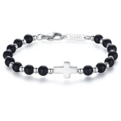 Immagine di GAVU Bracciale Croce da Uomo con Perline di Cristallo Onice Opaco e Acciaio Inossidabile S