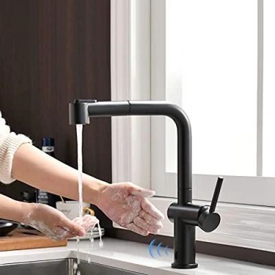 Immagine di TIMACO Rubinetto da cucina con sensore a infrarossi, colore nero, doccetta estraibile, girevole 360, miscelatore per cucina, monocomando lavello
