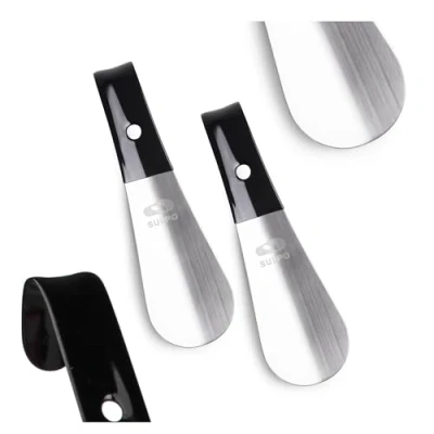 Immagine di SULPO Set Pacco da 2 Calzascarpe in Metallo Acciaio Inox e Alluminio Foro Per Appendere Manico Gomma Calzare Facilmente Anziani, Donne Incinte, Disabili 2x 15 cm