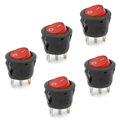 Immagine di Heschen Interruttore rotondo, acceso/spento, SPST, 3 terminali con luce rossa, 6A 250VAC, Confezione da nr.5 pezzi