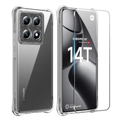 Immagine di FDHYFGDY Cover per Xiaomi 14T + 1x pellicola protettiva in vetro temperato, custodia cellulare silicone antiurto trasparente, paraurti TPU trasparente morbido