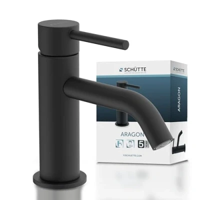Immagine di SCHÜTTE rubinetto per acqua fredda ARAGON 37965, da bagno solo fredda, lavabo nel WC degli ospiti, lavandino piccolo, valvola a pavimento, nero