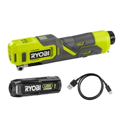 Immagine di Ryobi RI4 120G, Compressore a Batteria Ricaricabile con USB C, per Gonfiaggio Veloce di Pneumatici Bici e Palloni Sportivi fino 100 PSI, Display LED Retroilluminato, 1 da 2,0Ah Inclusa