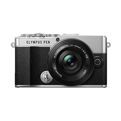 Immagine di Kit fotocamera Olympus PEN e P7, sensore 20 MP, schermo HD LCD inclinabile, 4K, Wi Fi, controllo profilo colore monocolore, argento comprende obiettivo M.Zuiko Digital ED 14 42mm EZ nero