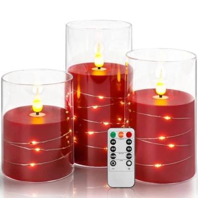 Immagine di candela rossa a led con della batteria del telecomando timer, stringa luce surround, colonna in plexiglass 10cm, 12,5 cm,15cm realistica pilastro led.