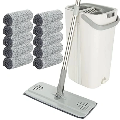 Immagine di ASelected Set di mocio piatto e secchio, a mani libere, con 10 panni in microfibra riutilizzabili manico lungo 123 cm, per piastrelle, marmo, legno duro