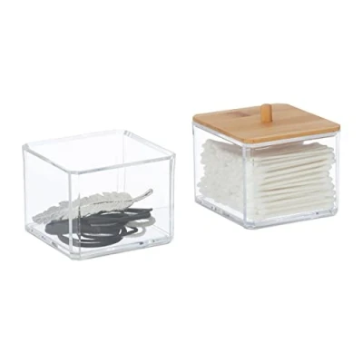 Immagine di Relaxdays Porta Cotton Fioc e Dischetti di Cotone, Scatole Impilabili, Plastica, Coperchio bambù, Naturale Trasparente, 6 x 8,5 cm