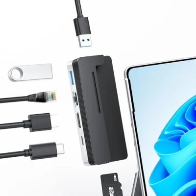Immagine di BYEASY Surface Pro 9 Docking Station, 6 in 2 Microsoft USB C Hub con 100 W PD Charge, x 3.1, 4K @ 60Hz HDMI, LAN Ethernet 1000M, lettore di schede TF espansione progettato