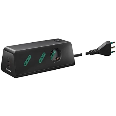Immagine di Vimar 00604.CC Presa multipla da scrivania con interruttore e cavo 2m, 1 uscita SICURY universale, 2 uscite standard italiano, USB A C, spina 16A nero