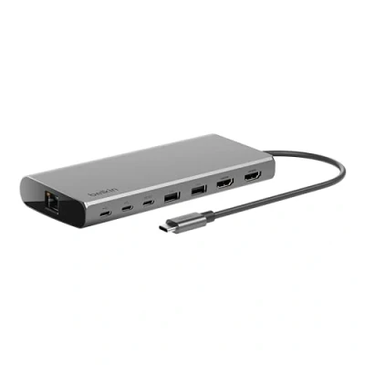 Immagine di Belkin Connect Hub universale 8 in 1 USB C per 2 display Core con tecnologia Silicon Motion, compatibile Mac, Windows e Chromebook, 100 W PD, velocità di trasferimento 10 Gbps, GbE, Argento