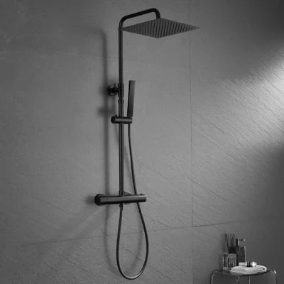 Immagine di JOHO Colonna Doccia Nero con Rubinetto Termostatico in Acciaio INOX 304 idromassaggio Soffione Miscelatore Set a Pioggia Doccetta(25x25cm Quadrato)