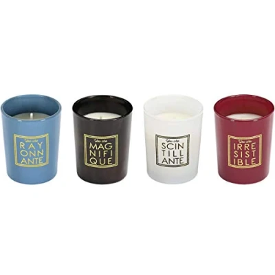 Immagine di Home Deco Factory BO5444 Candele profumate You Are Irresistibile, confezione da 4 pezzi, fiori di cotone, vasi blu bianco, bordeaux, nero, oro, altezza 6 x 10 27 cm
