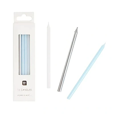 Immagine di Confezione da 16 candele in argento e blu con supporto, alte sottili, 10 cm, decorazioni per torte compleanni, baby shower, feste ragazzi