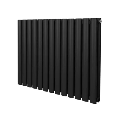 Immagine di Radiatore a colonna ovale 600 mm x 780mm Designer Doppio pannello Termosifone Nero Acciaio Inclusi Spazzola per la pulizia Kit di fissaggio e staffe