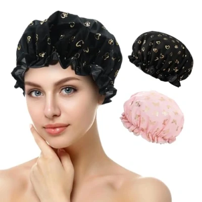 Immagine di Cuffia Doccia Donna, da Riutilizzabile Impermeabile, Elastica Grande Shower Caps, Capelli Doccia, Doppio Strato con Elastici, per Donna Salon Spa Bagno Uso Domestico (E)