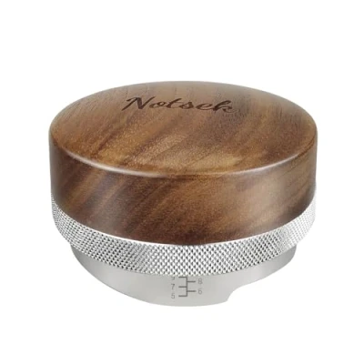 Immagine di NOTSEK Distributore di caffè 58 mm, in legno noce, con base acciaio inossidabile, livellatore per espresso a profondità regolabile, strumento distribuzione del portafiltro da