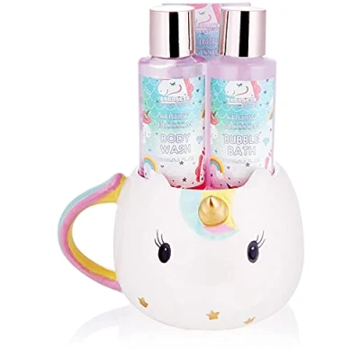 Immagine di BRUBAKER Cosmetics 4 Pz. Unicorno Set da Bagno e Doccia Cherry Blossom Confezione Regalo con Fragranza Fiore di Ciliegio in una Tazza