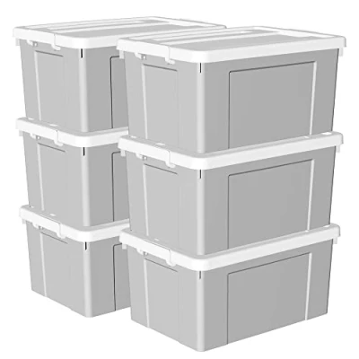 Immagine di Cetomo 65L* 6 Scatola di immagazzinaggio in plastica, contenitore totalizzazione, con coperchio durevole e fibbie chiusura sicure, impilabile annidabile, confezione da 6, grigio fibbia